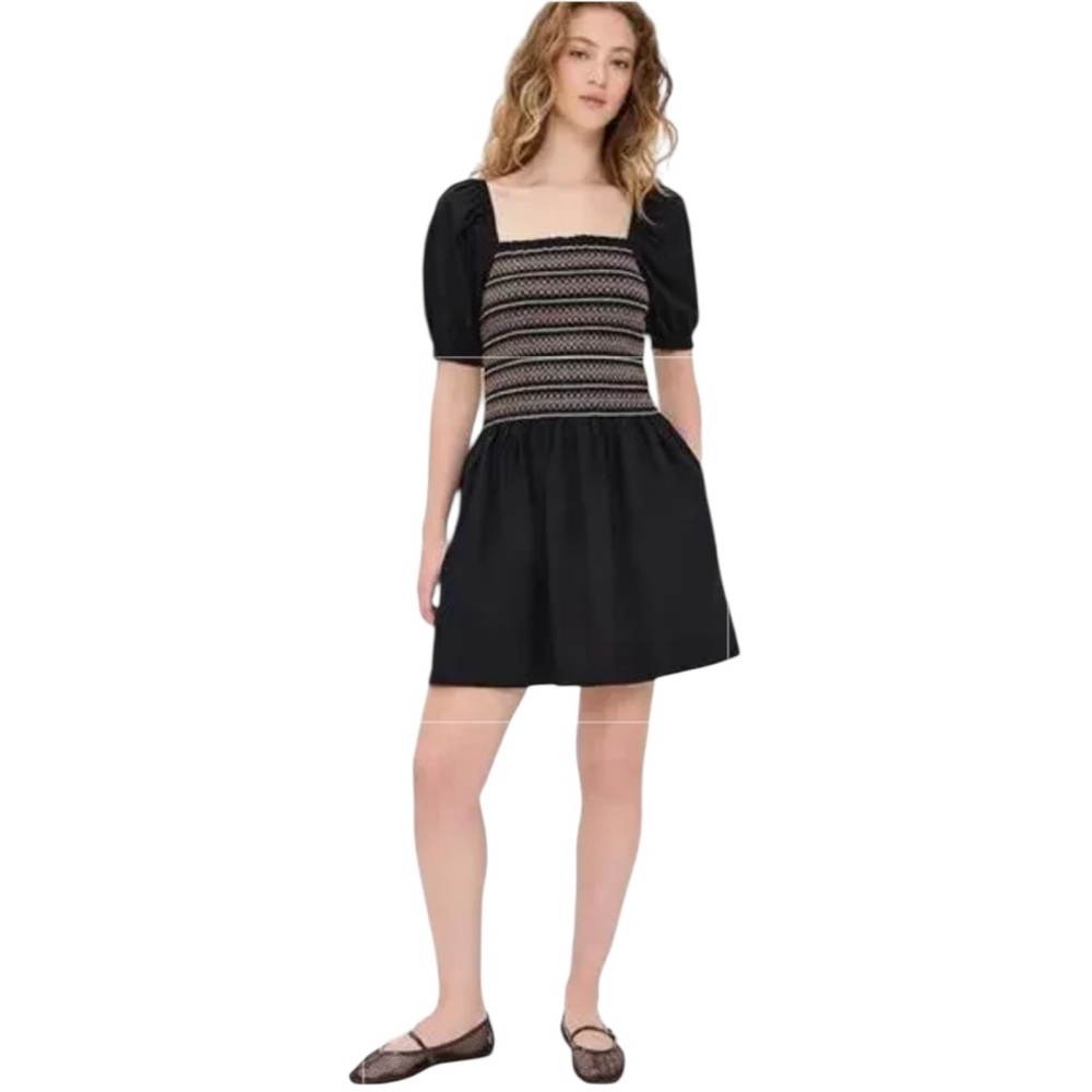 NEW MADEWELL Poplin Puff-Sleeve Mini Dress in Jet Black Cottagecore Size Small